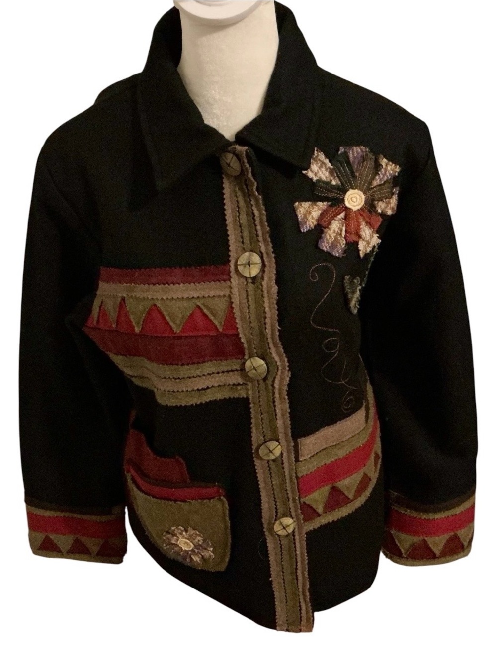 Parsley & Sage Wool Jacket Women S/M Black Patchwork Applique Boho Wearable Art
